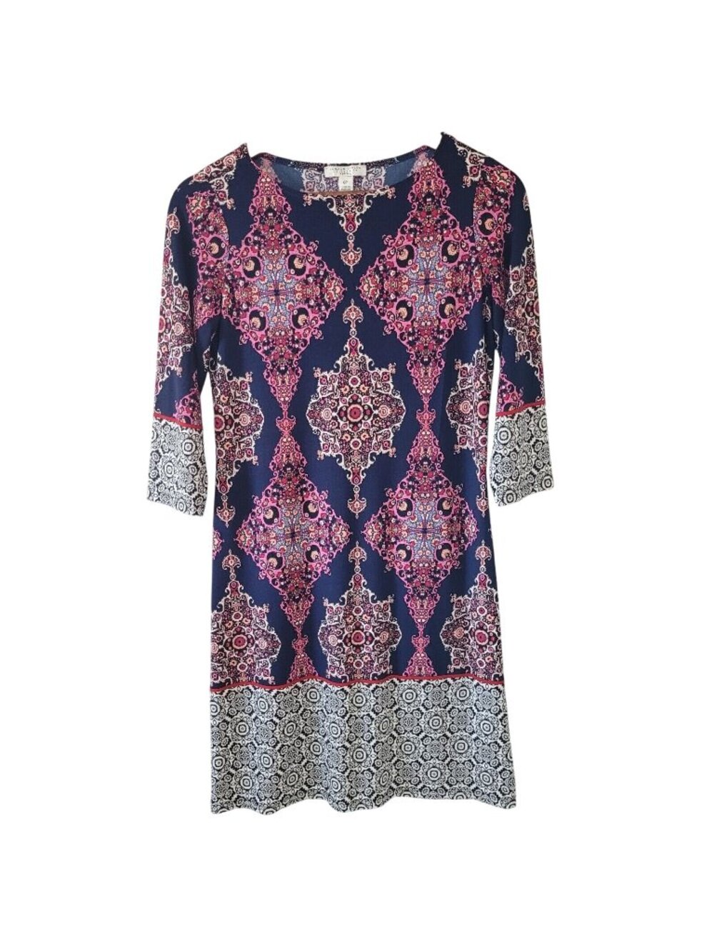 London Style Collection Carpet Border Shift Dress Womens Size 8P Regal Stretchy